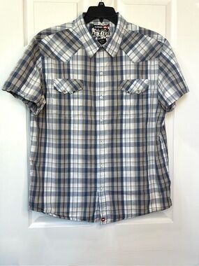 Tony Hawk Shirt Mens XL Blue Tan Plaid Short Sleeve Button Front Skatewear